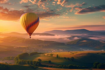 Hot Air Balloon Over Rolling Hills at Sunrise