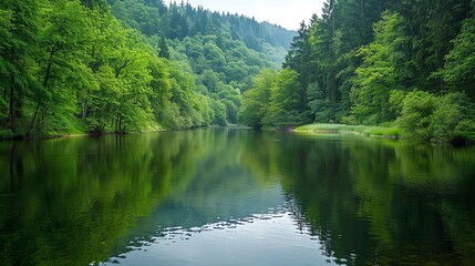 Wall Mural - A calm, still river with green trees reflected in the water.