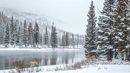 A snowy forest scene with a lake in the foreground and a mountain range in the background.