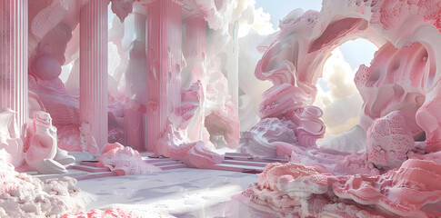 Poster - Pink Abstract 3D  Cave with Pillars