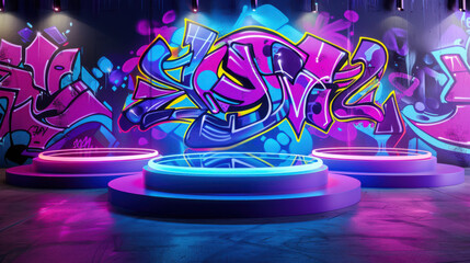 Wall Mural - A vibrant 3D design mockup, acrylic podiums with neon tops, dynamic graffiti art in the background