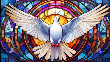 A white dove, symbolizing peace, hope and the Holy Spirit, against the background of a beautiful, colorful church stained glass window. 4K wallpaper