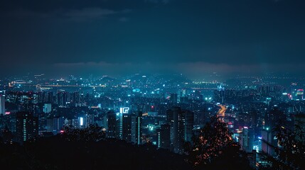 A night time aerial view of a city.