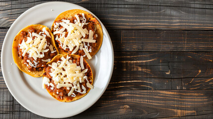 Wall Mural - Three tasty tostadas with meat, cheese, sour cream and vegetables lying on white plate