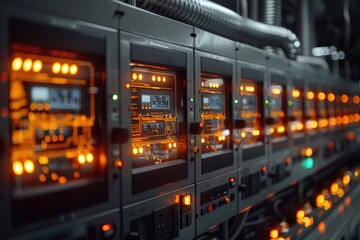 Poster - Close-up of an industrial control panel with orange lights and buttons