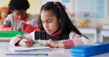 Aufkleber - Students, classroom and girl with education, writing and knowledge with book, practice and pencil. Kids, school and smart with intelligent, learning and exam with assignment, project and creativity