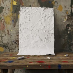 Fototapete - A crumpled white paper poster sits on a rustic wooden table with paint splatters scattered about By Generated AI
