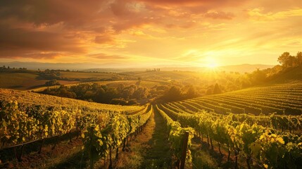  Stunning view of vineyards under a splendid sunset, stretching over rolling countryside hills, capturing the warm orange glow and tranquil beauty of the natural landscape.