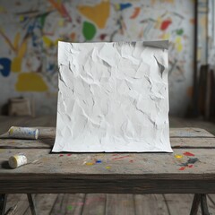 Fototapete - A crumpled white paper poster sits on a rustic wooden table with paint splatters scattered about By Generated AI