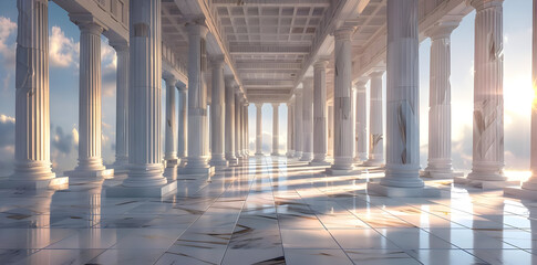 Wall Mural - 3D Illustration of Marble Columns Hallway with Sunset