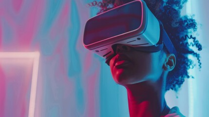 Poster - A person experiences virtual reality with a VR headset, surrounded by vibrant, colorful lights, creating an immersive and futuristic atmosphere.