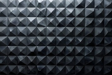 Poster - A dark grey wall with an intricate geometric pattern, made of small triangular shapes arranged in precise rows and angles. The background is a soft gradient from light to deep gray