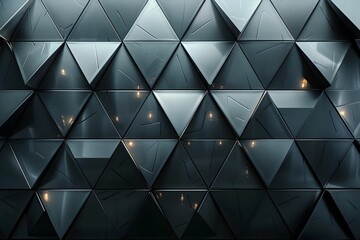 Poster - A high-resolution, photorealistic image of an architectural wall made from dark grey triangular shapes with some light coming through them. The texture is intricate and detailed, resembling the surfac