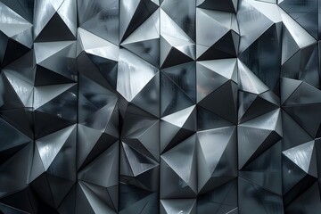 Poster - A high-resolution, photorealistic image of an architectural wall made from dark grey triangular shapes with some light coming through them. The texture is intricate and detailed, resembling the surfac