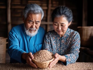 Elderly couple sharing a natural harvest in a rustic setting, symbolizing love, tradition, and sustainability.