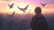 A person looking up at birds in flight above a bustling city