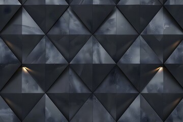 Poster - A seamless pattern of dark grey metal tiles with light reflecting off the surface, creating an abstract geometric background. The pattern is symmetrical and tile-like, with each diamond-shaped tile pl