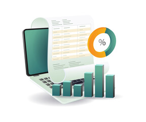 Wall Mural - A business report displayed on a laptop alongside multiple sheets of graph paper featuring a bar graph for analysis