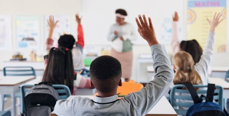 Aufkleber - Children, back and hands raised in classroom with for question, answer and learning at youth academy. Kids, education and development with sign for talking, quiz and scholarship at private school