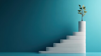 Minimalist Concept of Growth and Success with Plant on Stepped Pedestal Against Teal Background