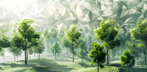 Sticker - Green Forest with Abstract Polygonal Background Illustration