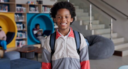 Aufkleber - Portrait, boy and smile with backpack, library and happy for education in academy and joy for learning. Scholarship, proud and student studying in USA, confident and back to school, youth and bag