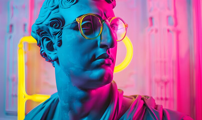 Wall Mural - Man with glasses statue on pink and blue background with neon sign in travel and art theme