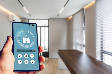 Poster - smart phone with smart home and modern room