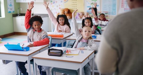 Aufkleber - Children, classroom and hands raised at school for questions, answer and learning at youth academy. Kids, education and teacher for development with sign for talking, quiz and scholarship for future