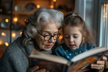 Grandmother reading a book to her granddaughter, sharing a special and educational moment together.