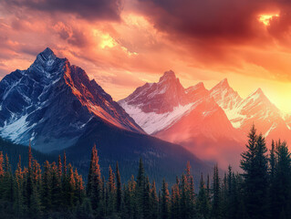 Wall Mural - the mountains are covered in snow and the sun is setting behind them