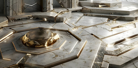 Sticker - Gold Platform on Cracked Marble - 3D Illustration