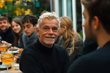 Happy elderly man enjoying dinner with family and friends