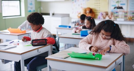 Aufkleber - Students, learning and girl with education, writing and knowledge with book, practice and pencil. Kids, school and smart with intelligent, children and exam with assignment, project and creativity