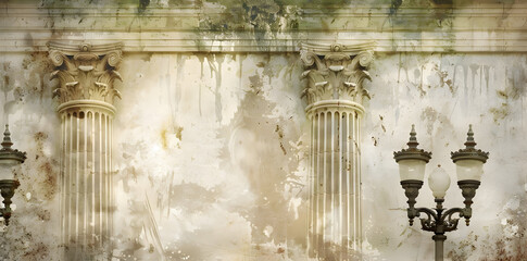 Wall Mural - Vintage Grunge Wall Background with Roman Columns and Lamppost Illustration