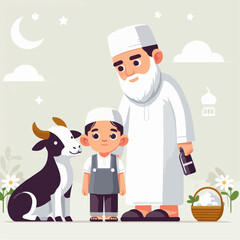 Poster - Eid Al Adha Illustrations. Muslims Prepare Livestock to Be Sacrificed. People Celebrate Eid Al Adha