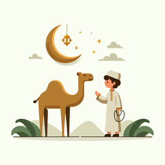 Poster - Eid Al Adha Illustrations. Muslims Prepare Livestock to Be Sacrificed. People Celebrate Eid Al Adha