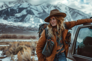 Poster - Woman in a hat with a backpack on her back leaned on the door of a car in the mountains outdoors