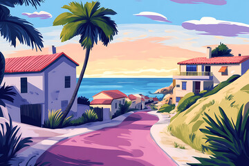 Wall Mural - a painting of a street with a house and a palm tree