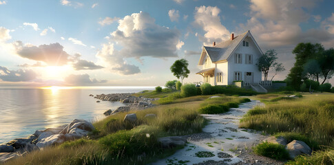 Poster - Coastal Cottage Sunset 3D Illustration