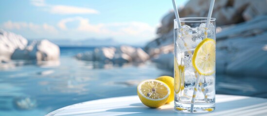 A copy space image featuring a glass of mineral water with lemon slices ice and straws on a white table against a backdrop of a blurred seascape and rocky mountains