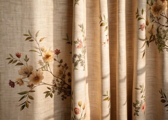 Elegant floral natural sun light shadow on linen neutral beige curtain background. Aesthetic bohemian wedding or minimal business template for branding identity.