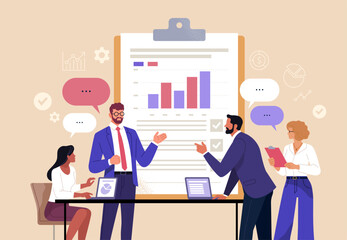 Fototapete - Business Analysis Concept. Vector illustration in a flat style of a group of diverse people discussing a document with graphs and reports. Isolated on background.