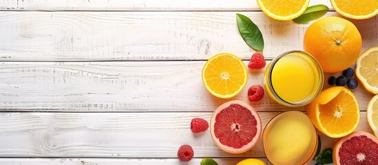 Poster - Fresh fruits and orange juice placed attractively on a white wooden table with space for text in a flat lay copy space image