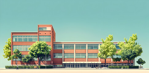 Poster - Brick Building with Trees Illustration