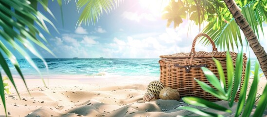 Canvas Print - Sunny tropical beach scene with an empty picnic basket provides copy space for products and objects embodying a summer concept background