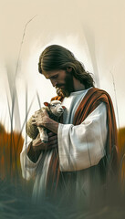 Wall Mural - Jesus holding a lamb in his arms. Digital illustration.