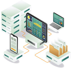 Data analytics computer server isometric illustration