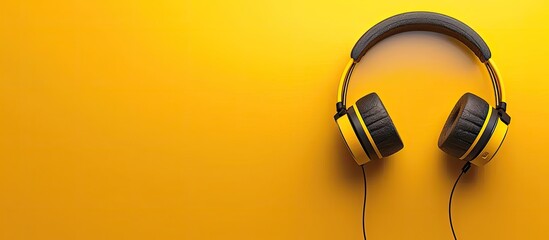 Poster - Top view of yellow background with headphones ample copy space image