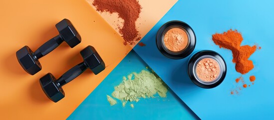 Canvas Print - Top view of jars of protein powder and dumbbells on a colorful background illustrating the concept of sports nutrition with copy space image